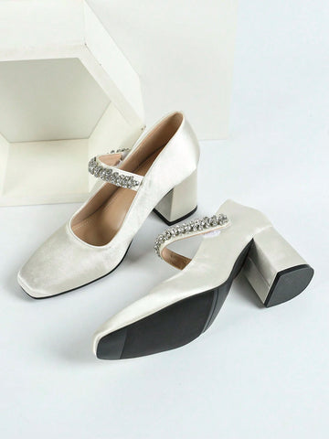 Women's Square Toe Chunky Heeled Fashion Versatile Metal Rhinestone Chain Slip-On