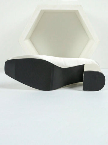 Women's Square Toe Chunky Heeled Fashion Versatile Metal Rhinestone Chain Slip-On