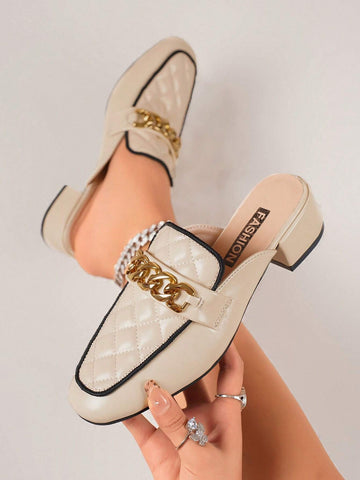 Women's Square Toe Metal Chain Slip-On Mules, Casual Daily Versatile Backless