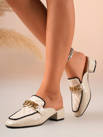 Women's Square Toe Metal Chain Slip-On Mules, Casual Daily Versatile Backless
