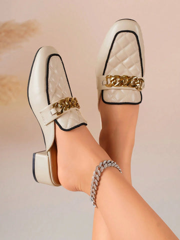 Women's Square Toe Metal Chain Slip-On Mules, Casual Daily Versatile Backless