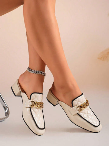 Women's Square Toe Metal Chain Slip-On Mules, Casual Daily Versatile Backless