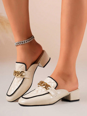 Women's Square Toe Metal Chain Slip-On Mules, Casual Daily Versatile Backless