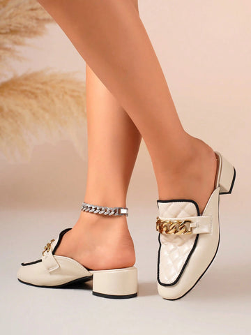 Women's Square Toe Metal Chain Slip-On Mules, Casual Daily Versatile Backless