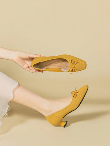 Women's Square Toe Shallow Mouth Chunky Heel Fabric Solid Color Breathable Plus Size