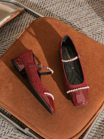 Women's Square Toe Spliced Mary Jane Shoes, Yarn, Buckle Closure, Shallow Mouth,