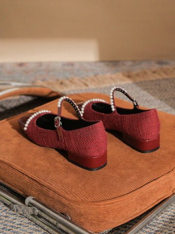 Women's Square Toe Spliced Mary Jane Shoes, Yarn, Buckle Closure, Shallow Mouth,