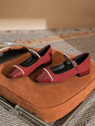 Women's Square Toe Spliced Mary Jane Shoes, Yarn, Buckle Closure, Shallow Mouth,