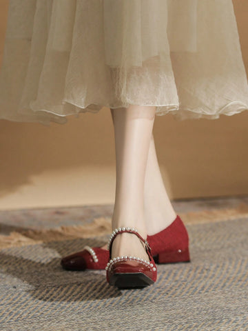 Women's Square Toe Spliced Mary Jane Shoes, Yarn, Buckle Closure, Shallow Mouth,