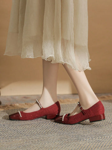 Women's Square Toe Spliced Mary Jane Shoes, Yarn, Buckle Closure, Shallow Mouth,