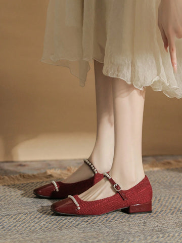 Women's Square Toe Spliced Mary Jane Shoes, Yarn, Buckle Closure, Shallow Mouth,