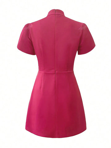 Women's Stand Collar Floral Petal Sleeve Ruched Waist A-Line Short Dress