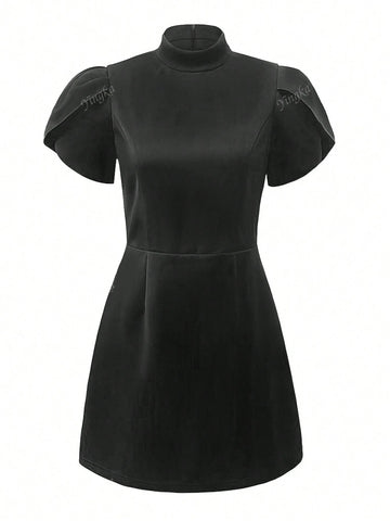Women's Stand Collar Flounce Sleeve Waist Defining A-Line Short Dress