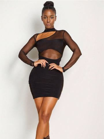 Women's Stand Collar Hollow Out Mesh Splice Long Sleeve Dress