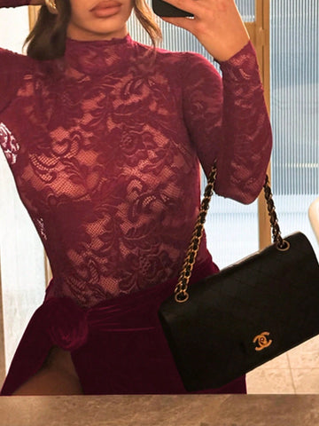 Women's Stand Collar Long Sleeve Lace Backless Splice Velvet Split Sexy Party Dress, Autumn