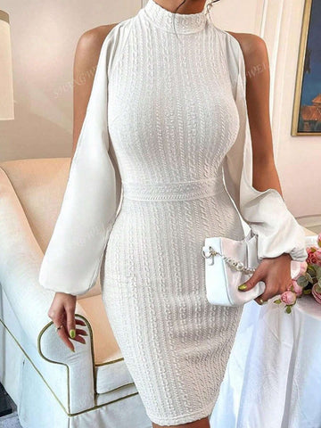 Women's Stand Collar Long Sleeve Open Shoulder Fitted & Elegant Bodycon Dress