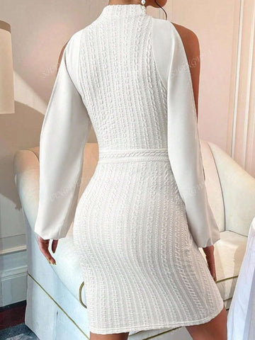Women's Stand Collar Long Sleeve Open Shoulder Fitted & Elegant Bodycon Dress