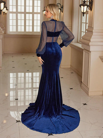 Women's Stand Collar Long Sleeve Velvet & Lace Mermaid Formal Evening Dress With Half-Transparent Design, Floor-Length
