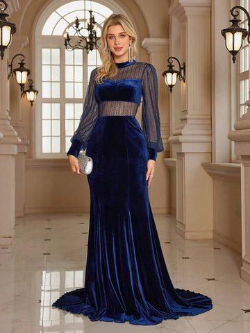 Women's Stand Collar Long Sleeve Velvet & Lace Mermaid Formal Evening Dress With Half-Transparent Design, Floor-Length