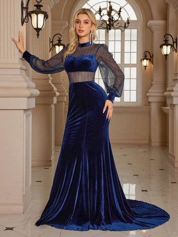 Women's Stand Collar Long Sleeve Velvet & Lace Mermaid Formal Evening Dress With Half-Transparent Design, Floor-Length