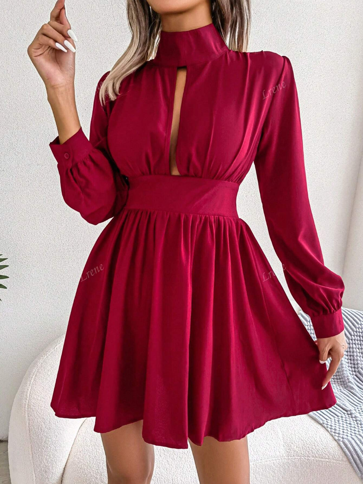 Women's Stand Collar Sexy Hollow Out Waist A-Line Dress, Elegant For Autumn