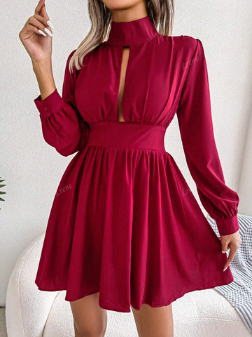 Women's Stand Collar Sexy Hollow Out Waist A-Line Dress, Elegant For Autumn