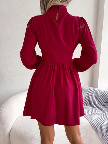 Women's Stand Collar Sexy Hollow Out Waist A-Line Dress, Elegant For Autumn