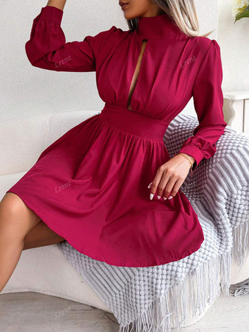 Women's Stand Collar Sexy Hollow Out Waist A-Line Dress, Elegant For Autumn