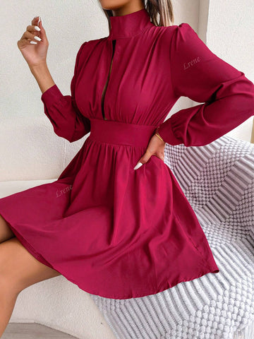Women's Stand Collar Sexy Hollow Out Waist A-Line Dress, Elegant For Autumn