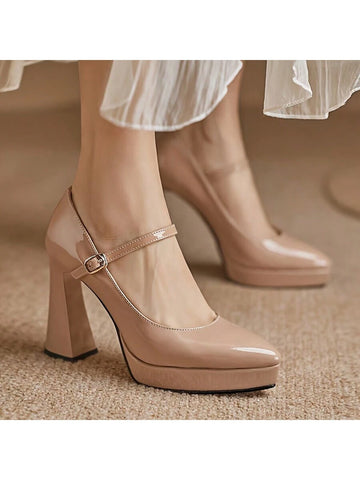 Women's Stiletto High Heel Platform One-Strap Pointed Toe Fashion Chunky Heel
