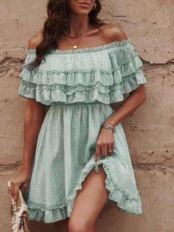 Women's Straight-Neck, Off-The-Shoulder Lace Floral High-Waisted Dress