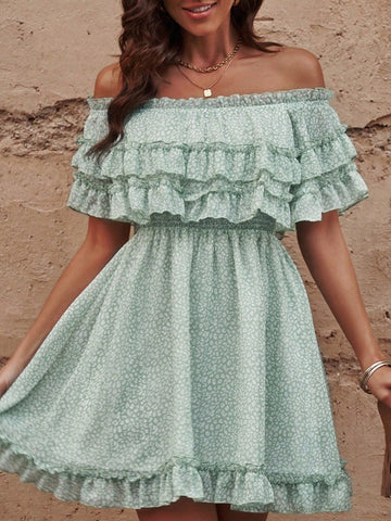 Women's Straight-Neck, Off-The-Shoulder Lace Floral High-Waisted Dress