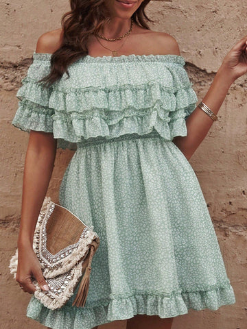 Women's Straight-Neck, Off-The-Shoulder Lace Floral High-Waisted Dress