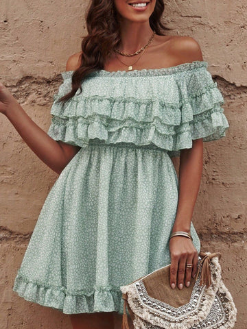 Women's Straight-Neck, Off-The-Shoulder Lace Floral High-Waisted Dress