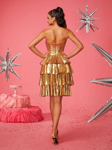 Women's Strapless Backless Layered Ruffle Hem Luxurious Elegant New High-End Exclusive Gold Color Cocktail Party Gown