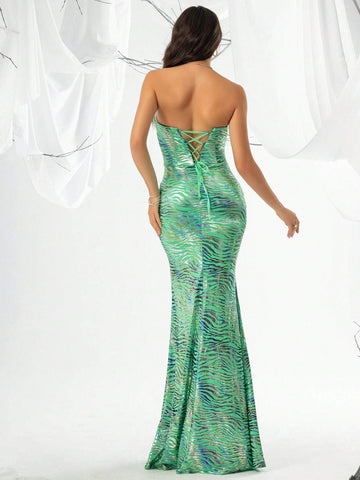 Women's Strapless Green Evening Dress