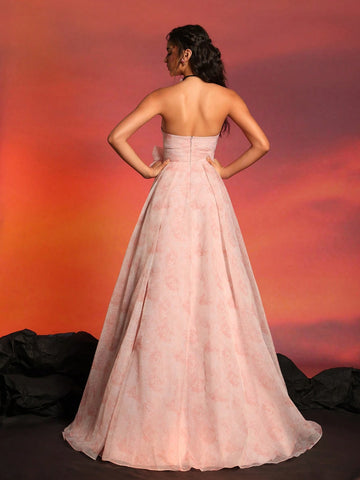 Women's Strapless High-End Fashionable Floral Decorated Dress With Side Slit For Cocktail And Evening Party