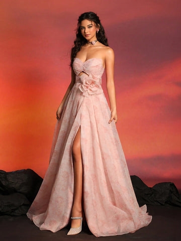 Women's Strapless High-End Fashionable Floral Decorated Dress With Side Slit For Cocktail And Evening Party