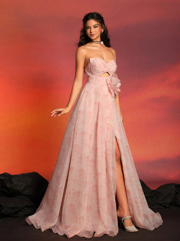 Women's Strapless High-End Fashionable Floral Decorated Dress With Side Slit For Cocktail And Evening Party
