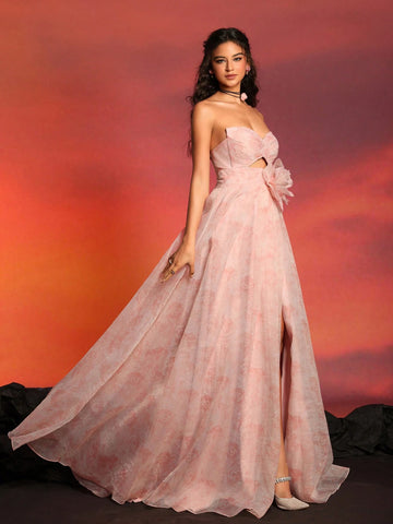 Women's Strapless High-End Fashionable Floral Decorated Dress With Side Slit For Cocktail And Evening Party