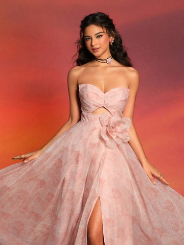 Women's Strapless High-End Fashionable Floral Decorated Dress With Side Slit For Cocktail And Evening Party