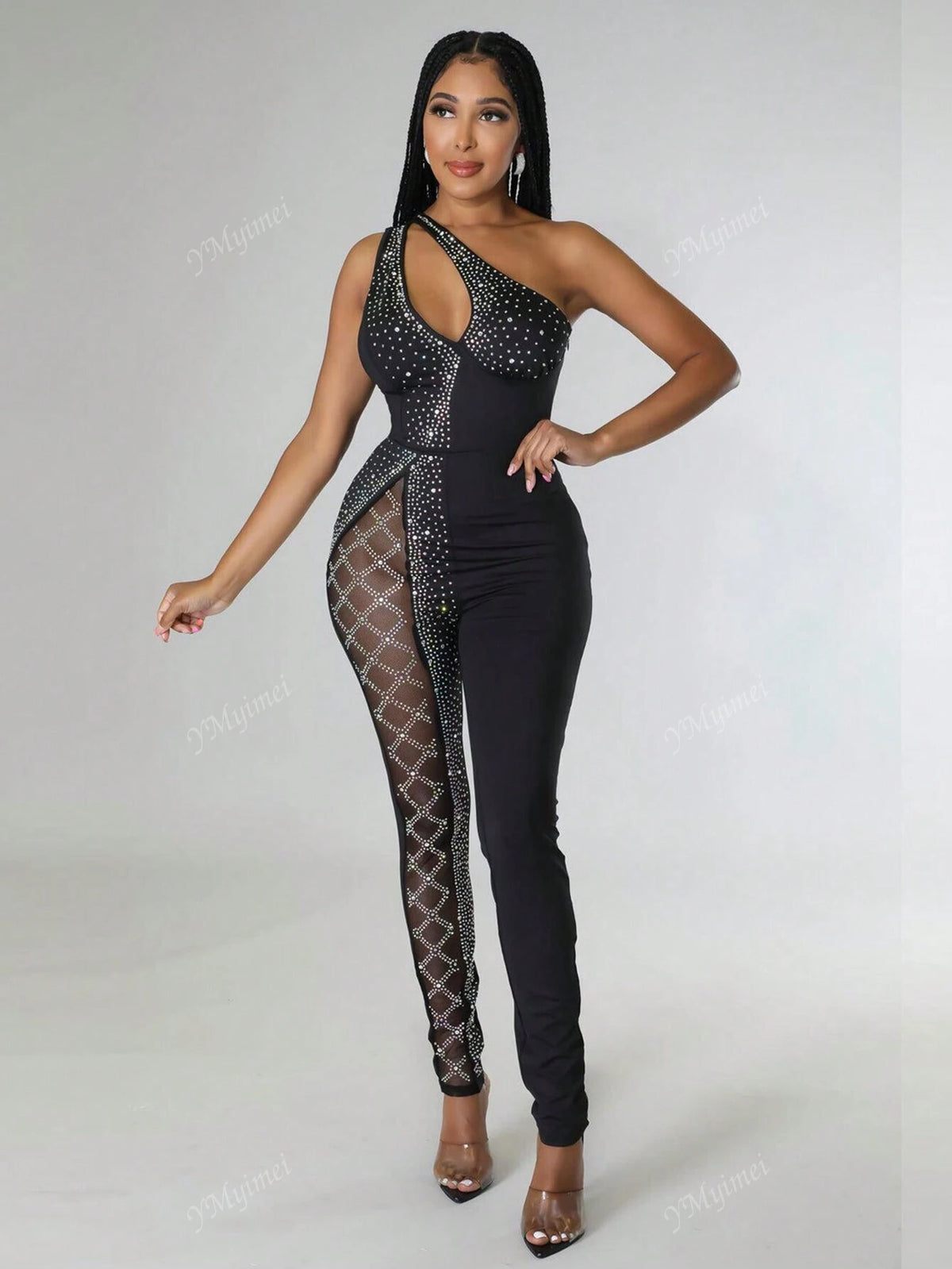 Women's Strapless Hollow-Out Jumpsuit With Rhinestone Decoration, For Party & Events
