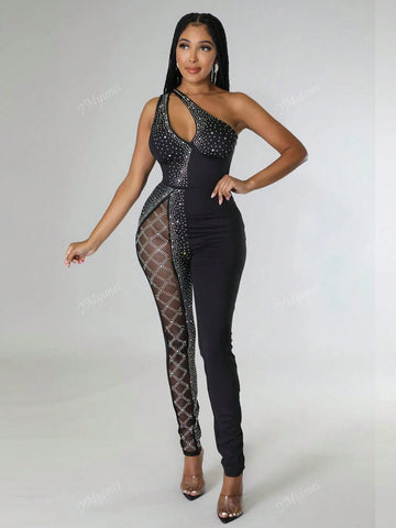 Women's Strapless Hollow-Out Jumpsuit With Rhinestone Decoration, For Party & Events