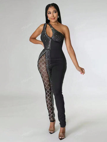 Women's Strapless Hollow-Out Jumpsuit With Rhinestone Decoration, For Party & Events