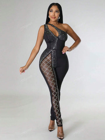 Women's Strapless Hollow-Out Jumpsuit With Rhinestone Decoration, For Party & Events