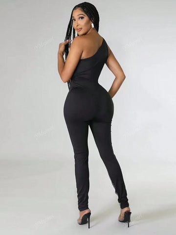 Women's Strapless Hollow-Out Jumpsuit With Rhinestone Decoration, For Party & Events