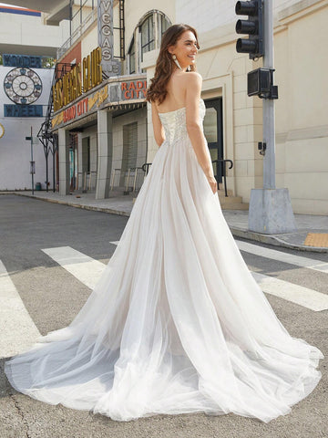 Women's Strapless Wedding Dress With Embroidered Mesh And Beaded Detail