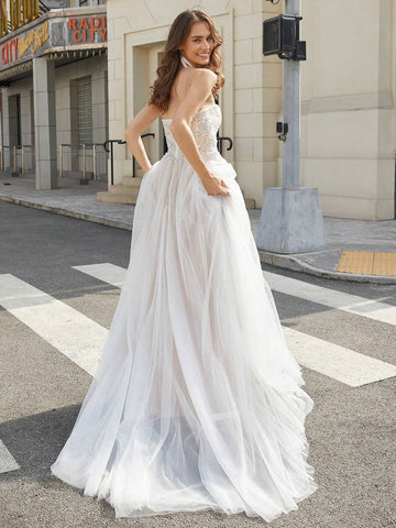 Women's Strapless Wedding Dress With Embroidered Mesh And Beaded Detail