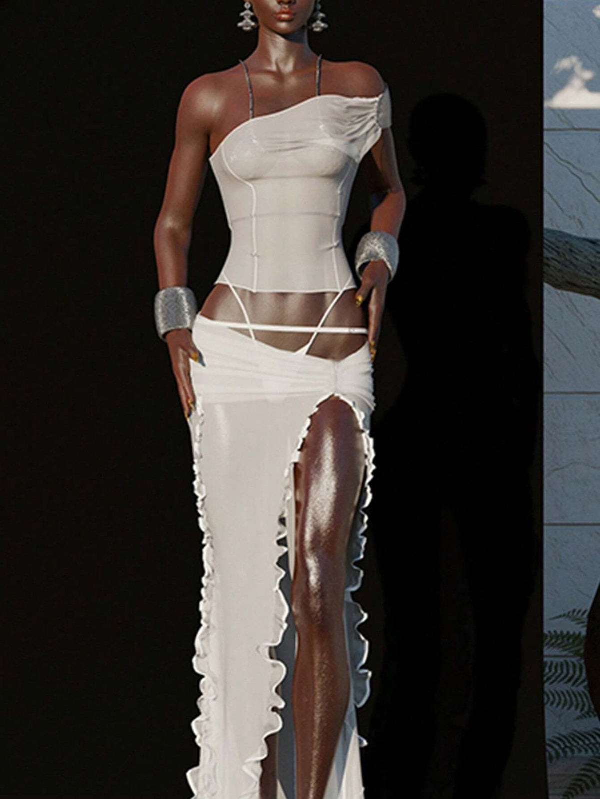 Women's Streetwear Chic Sleeveless Crop Top And Mesh See-Through Slit Maxi Skirt 2pcs Set