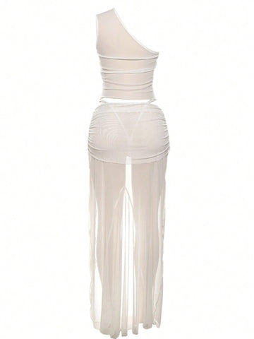 Women's Streetwear Chic Sleeveless Crop Top And Mesh See-Through Slit Maxi Skirt 2pcs Set